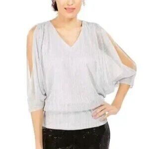 MSK Silver Metallic Split-Sleeve Blouse with Rhinestone Detail Size Large